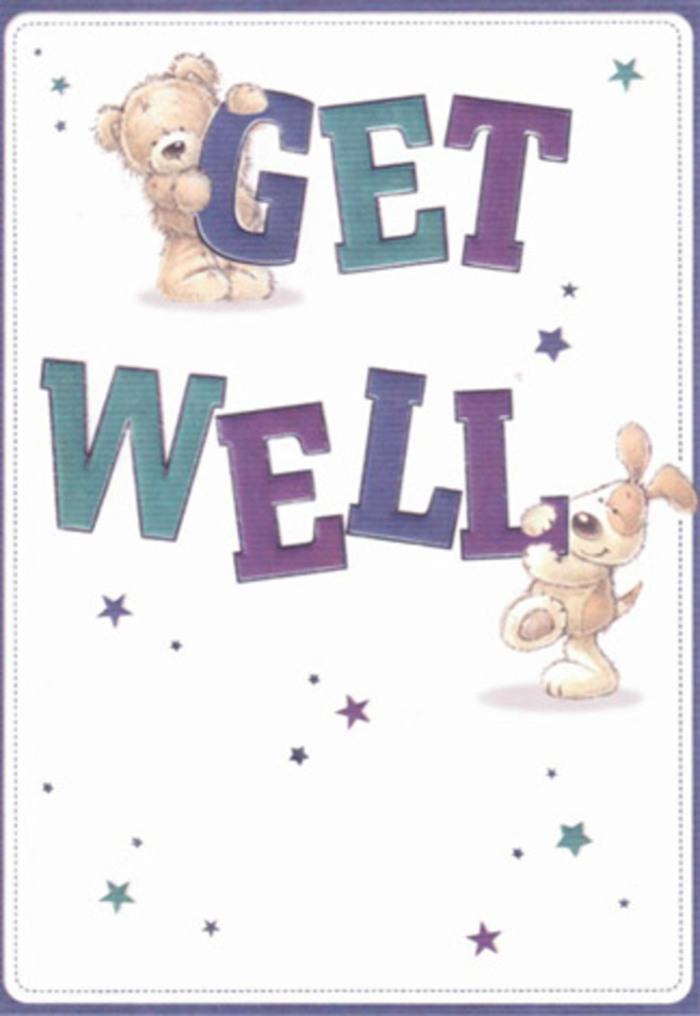 A celebration of gentle encouragement unfolds within this charming get well card, its mood echoing the understated cheer of a spring afternoon near Kensington Gardens. Illustrated with endearing care, a friendly bear and puppy-partners in comfort-take centre stage, cradling the vivid 'GET WELL' text between them. Playful stars shimmer in blue and violet, scattered around the figures as if delivering good wishes, reminiscent of the starlike blooms one might find at South Kensington's local florists. There is an almost tactile quality to the characters' illustrated textures: the bear is depicted with soft, woolly fur and a warm smile; the puppy's floppy ears and gentle gaze communicate empathy and hope. The typography is bold yet soothing, shaded in harmonious purples and aquas that evoke the tranquil palette of nearby parks. Everything rests against an immaculate background, imparting a sense of serenity and care not unlike receiving a bespoke South Kensington bouquet meant to ease a neighbour's recovery. The composition's lightness and sincere warmth impart a subtle but persuasive reassurance, perfectly suited for sending a friend or loved one the promise of healing and heartfelt connection in the midst of their recovery.