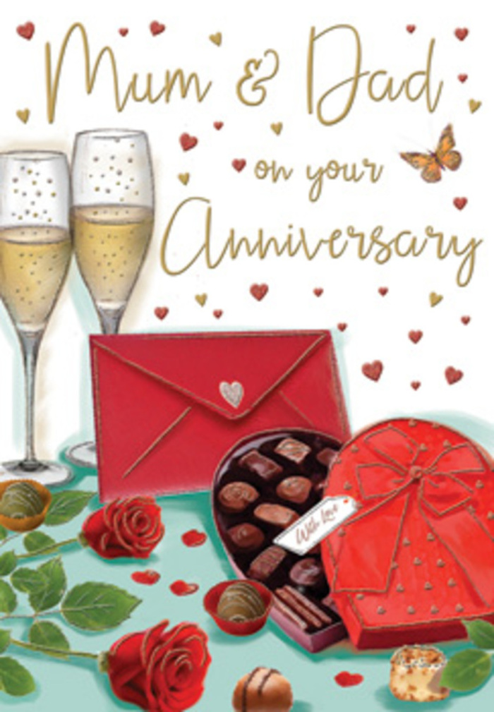 This illustrated anniversary card sets a luxurious, intimate mood, like a private celebration in a South Kensington home after dusk. At the heart of the artwork, two champagne flutes stand close together, their clear glass catching subtle reflections, as though lit by gentle lamplight. The champagne inside glows a soft golden shade, with tiny bubbles drifting upward and gathering near the surface, ready for a quiet toast between partners. To one side, a pair of deep red roses, freshly cut, rest on the table, framed by lush green leaves. Their velvety petals curl outwards in generous spirals, giving the impression of a bouquet selected with care by an experienced florist for a special anniversary. In front of the flowers, an opulent heart-shaped box of chocolates takes centre stage. Finished in rich red tones and crowned with a large, expertly tied satin bow, the box lies open to reveal an inviting arrangement of chocolates-some dark and glossy, others lighter and dusted, each nestled neatly in its own compartment. A couple of chocolates are placed playfully on the tabletop, suggesting that the celebration has already begun. Nearby, a vivid scarlet envelope rests slightly askew, its flap sealed, hinting at personal, handwritten words of love and gratitude inside. Surrounding the whole scene, delicate hearts in crimson and metallic gold drift across a pale, softly textured background, framing the card's calligraphic anniversary message. The colour palette of reds, golds, and fresh greens creates a feeling of warmth, romance, and gentle extravagance, perfectly suited to honouring parents, partners, or close family in South Kensington, from elegant terraces near the Royal Albert Hall to peaceful streets off Old Brompton Road.