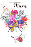 Watercolour Mother's Day card illustration featuring a joyful bouquet painted in vibrant, flowing strokes, as if created by a South Kensington Flowers designer sketching between local deliveries near Kensington Gardens. The flowers burst from a softly suggested vase at the bottom, hinted at with pale blues and violets and wrapped with a shiny golden bow that recalls the final flourish on a hand-tied bouquet. Above, generous blooms in lush cerise, fuchsia, and rich magenta blend and overlap, outlined here and there with deep indigo to give them graceful, petal-like shapes. Cooler touches of sky blue and soft lavender weave among the warmer tones, balancing the composition like shade and sunlight moving across a garden bed. Threads and flecks of metallic gold highlight petal tips and leaves, adding a delicate shimmer that feels celebratory but never overpowering. Around the central bouquet, playful splatters of paint, tiny hearts, and drifting patches of colour scatter across a clean white background, suggesting giggles, children's handmade cards, and the tender chaos of a family Mother's Day morning. The overall effect is of a bouquet captured mid-bloom-energetic, affectionate, and thoughtfully composed, with each colour placed as carefully as a stem in a vase. It feels like an illustrated promise of gratitude and love, echoing the emotion behind every Mother's Day flower delivery winding through South Kensington's elegant streets.