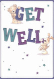 This cheerfully illustrated get well card seems almost to sing with optimism, its two adorable central figures-a teddy bear and a playful pup-appearing ready to hop straight from the painted scene into the lives of anyone along the quiet lanes of South Kensington. Each character joyfully lifts or balances one half of the large, colourful 'GET WELL' message, rendered in playful indigo and teal that stands out boldly against the card's gentle cream backdrop. Around them, scattered stars flicker in shades of blue and purple, suggesting hope and joyous well wishes flying through the air like petals from a newly delivered bouquet. The soft, plush texture of the bear's fur and the velvety, oversized ears of the puppy give the image a sense of touch-comforting, familiar, and deeply human, like a warm embrace from a close friend. It's easy to imagine this card nestled alongside a thoughtfully arranged selection of South Kensington Flowers, together bringing not just words but genuine, restorative comfort to someone's home. The entire design radiates reassurance, kindness, and a spirit of gentle encouragement so vital to anyone on the mend.