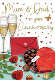An exquisitely drawn anniversary card depicts a romantic still life, as if a cherished moment has been paused on a table in a South Kensington flat on a celebratory evening. Two tall champagne glasses stand side by side in quiet harmony, their slender stems almost touching. Inside, pale golden champagne sparkles with fine bubbles, catching soft, warm light that suggests an intimate toast is about to begin. Beside the glasses, two vivid red roses lie gracefully on the tabletop, accompanied by rich green foliage. Their petals are lush and velvety, reminiscent of freshly arranged stems chosen with care by a local florist, full of colour and life. In the foreground rests an open, heart-shaped box of chocolates, wrapped in a deep red shell and finished with a voluminous satin bow that spills elegantly over the edge. Inside, neat rows of truffles and filled chocolates sit in dark little cups, with a few pieces thoughtfully scattered nearby, inviting a shared treat. Close to the chocolates, a bright red envelope rests sealed, suggesting a handwritten anniversary message filled with tenderness, perhaps addressed to Mum & Dad or a beloved couple marking many years together. Around this central grouping, small hearts in shimmering gold and rich crimson float across the soft, neutral background, framing the card's hand-lettered greeting. The overall effect is one of warmth, indulgence, and heartfelt celebration-an image that evokes the clink of glasses, the whisper of paper being opened, and the comforting scent of roses and chocolate, perfectly suited to anniversaries celebrated across South Kensington's quiet garden squares and tree-lined streets.